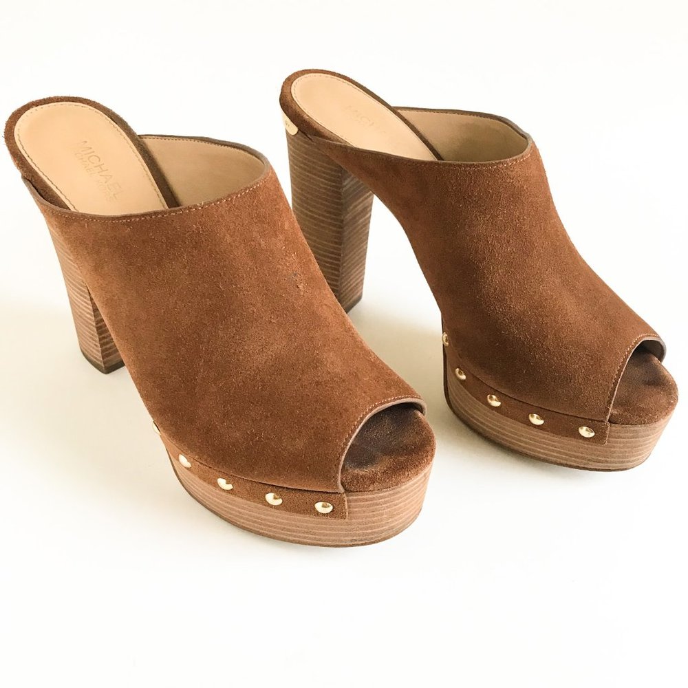 Michael Kors Emilie Clog | Caramel Suede Mules | Peep Toe + Block Heel & Studs
